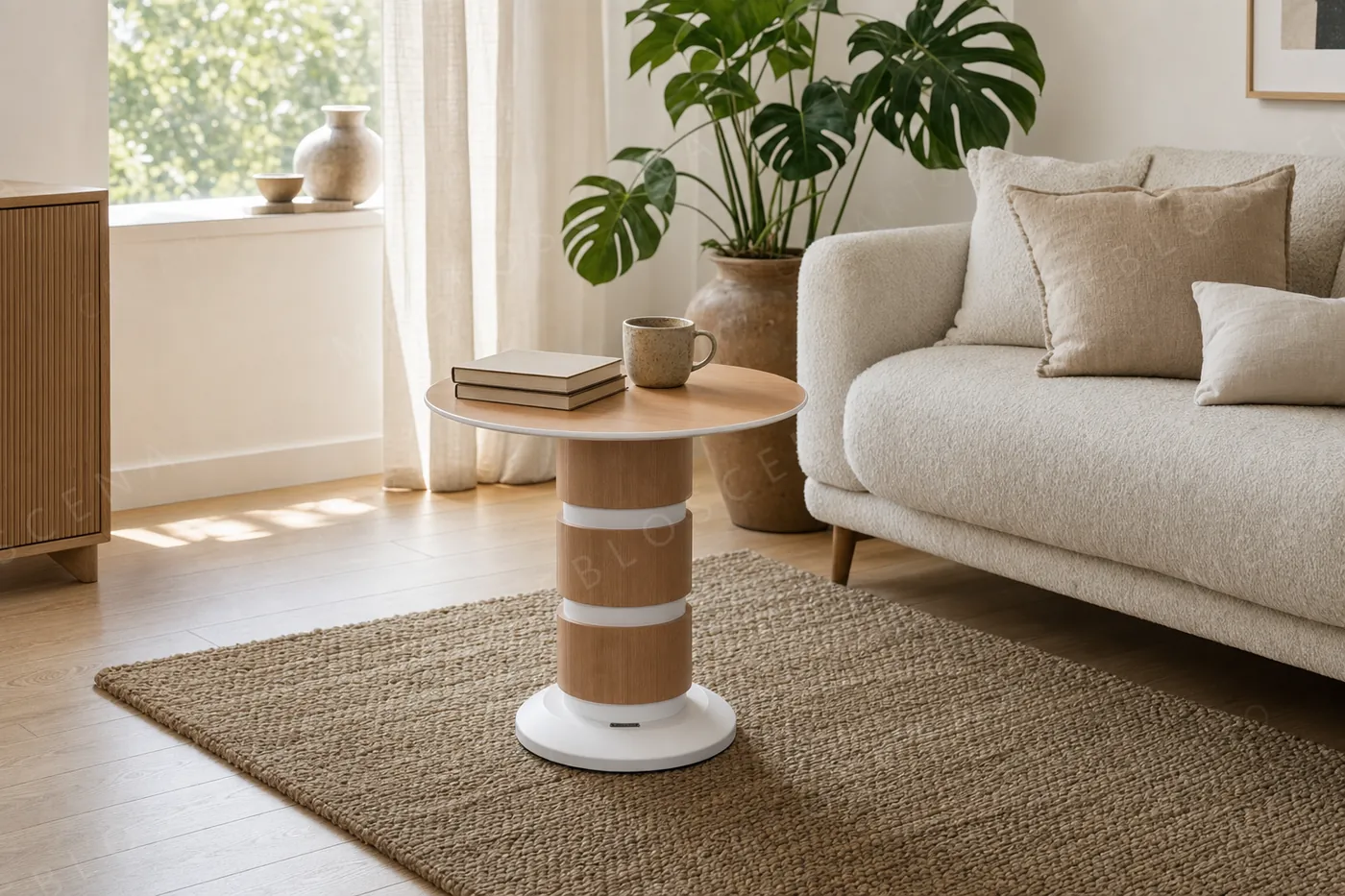 Biały stolik kawowy CRÉARTO Design Forge w skandynawskim salonie