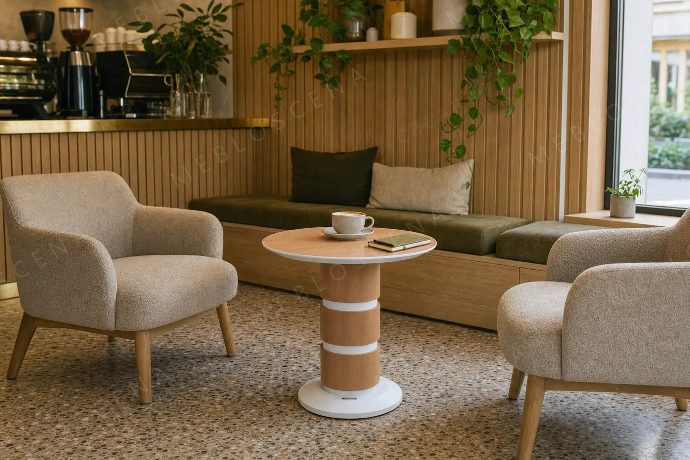 Biały stolik kawowy CRÉARTO Design Forge w kawiarni