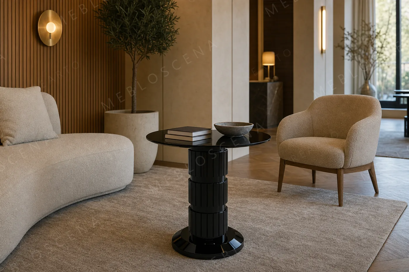 Czarny stolik kawowy CRÉARTO Design Forge w lobby hotelowym