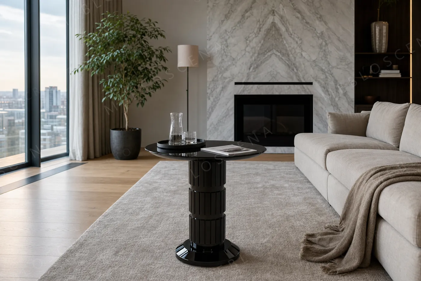 Czarny stolik kawowy CRÉARTO Design Forge w apartamencie z widokiem na miasto