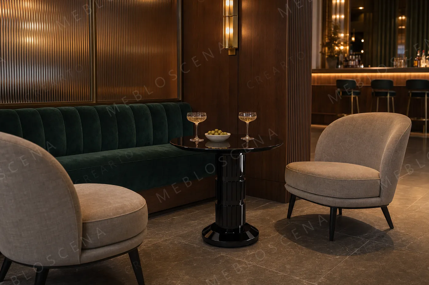 Czarny stolik kawowy CRÉARTO Design Forge w strefie lounge restauracji