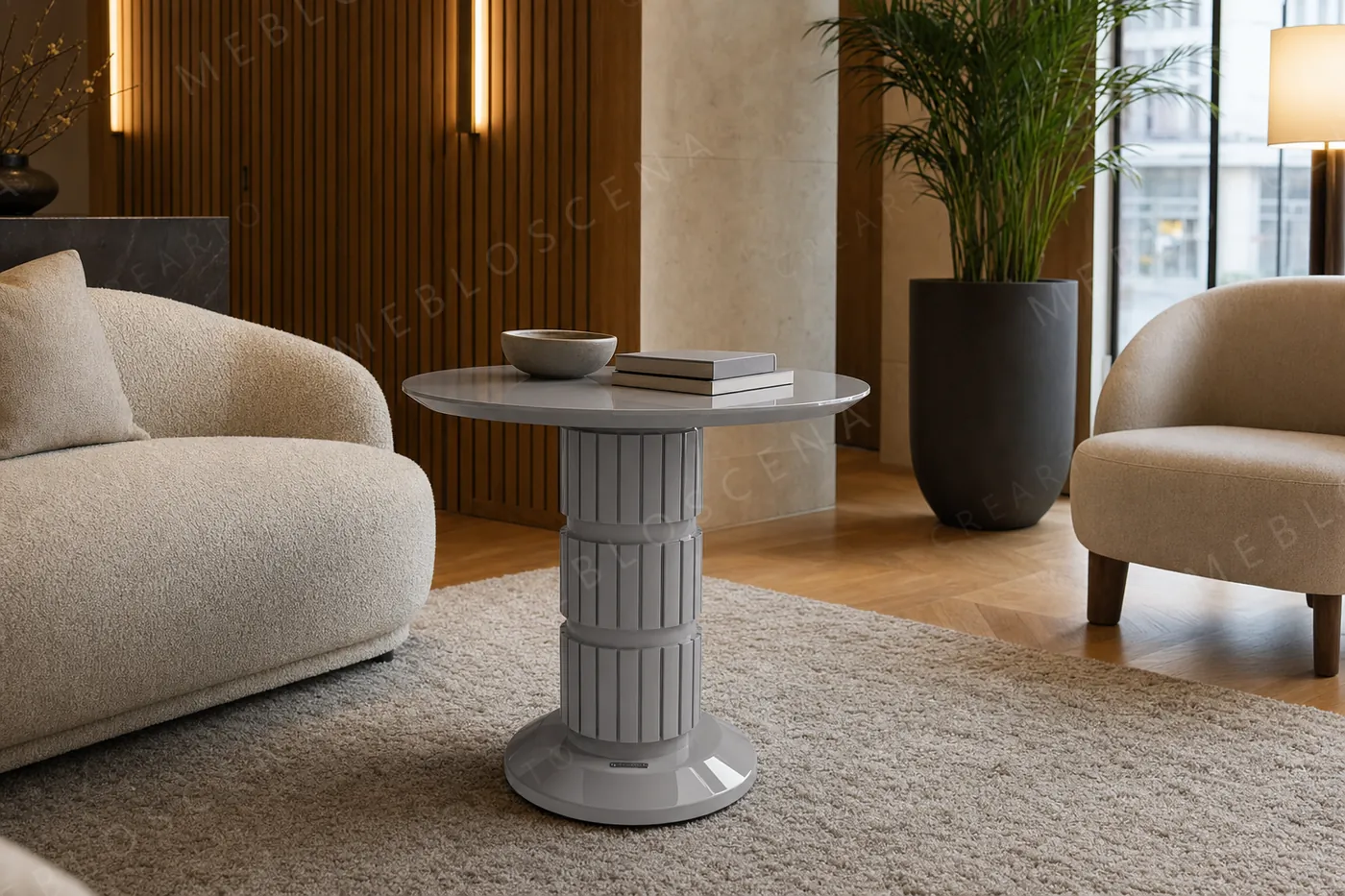 Jasnoszary stolik kawowy CRÉARTO Design Forge w lobby hotelowym