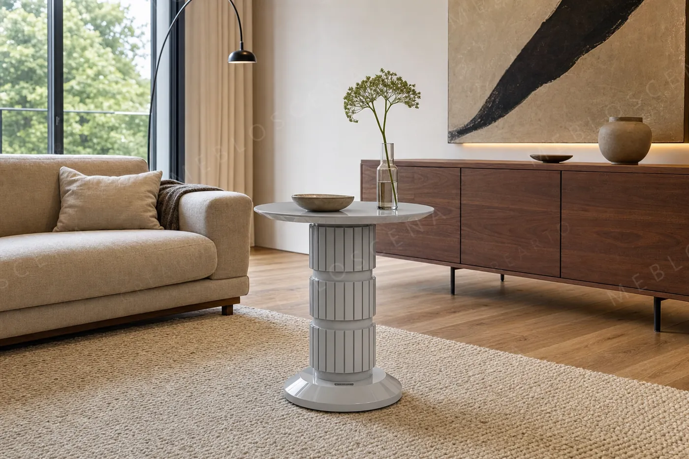 Jasnoszary stolik kawowy CRÉARTO Design Forge w nowoczesnym salonie