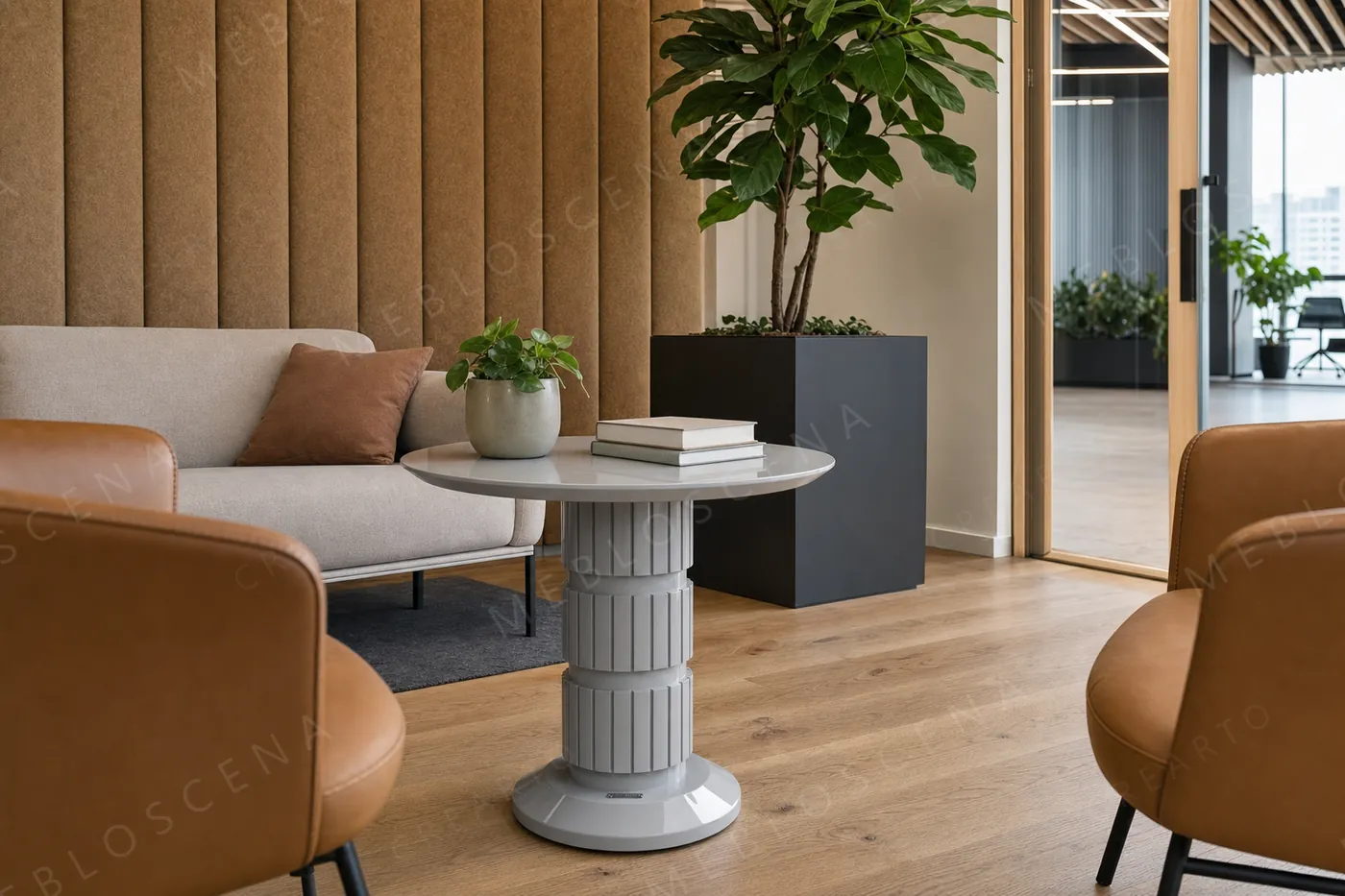 Jasnoszary stolik kawowy CRÉARTO Design Forge w strefie lounge biura